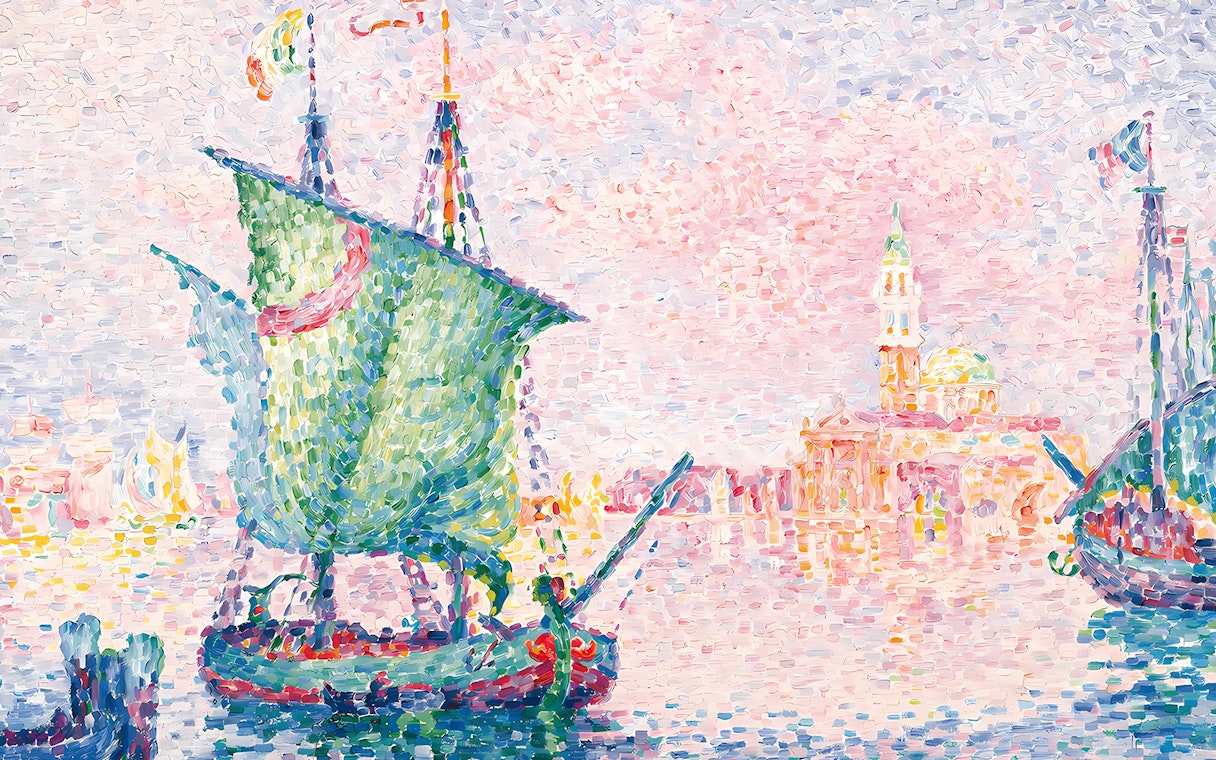 Sailboat on Venice waters with San Giorgio Maggiore in the background, The Pink Cloud by Paul Signac.