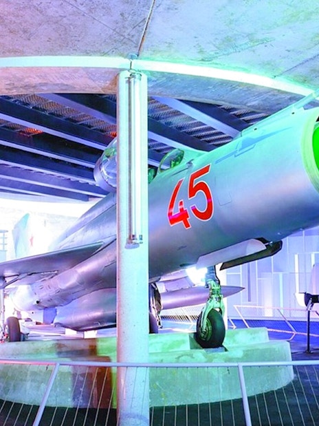 Jet fighter exhibit at Caen Memorial Museum, part of D-Day Landings tour.