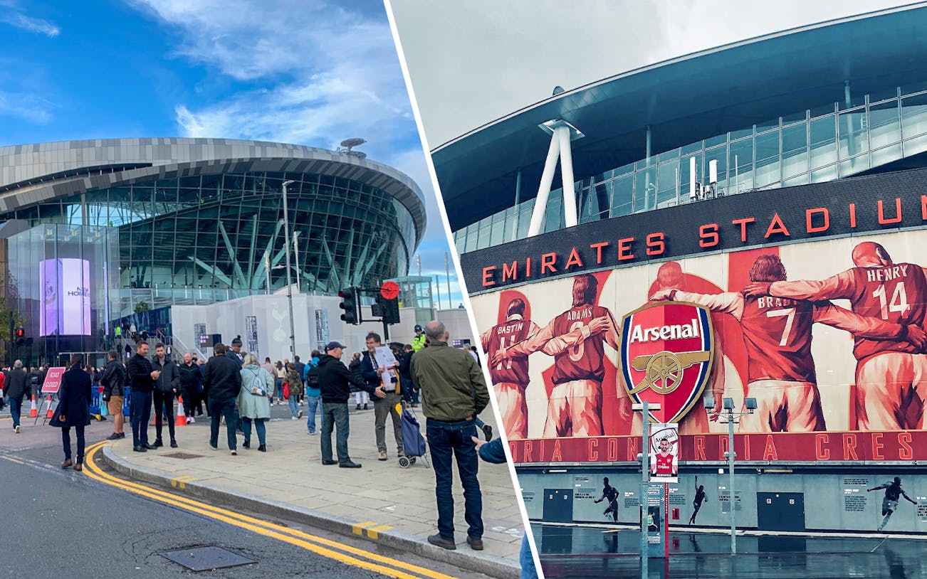 Tourists outside Tottenham Hotspur Stadium and Arsenal FC Emirates Stadium entrance.
