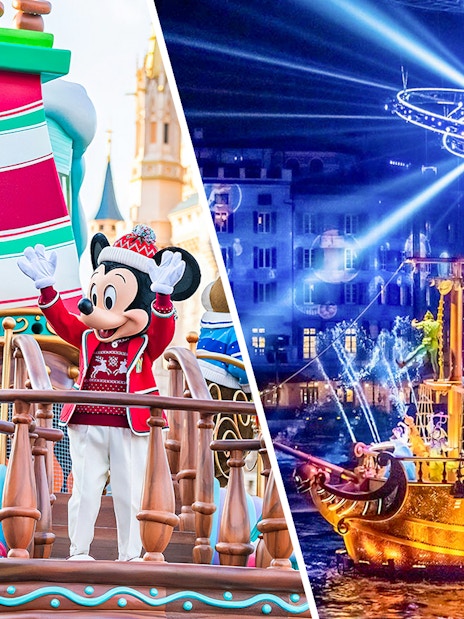 Tokyo Disneyland parade with Mickey and Minnie, and Tokyo DisneySea night show with illuminated ship.