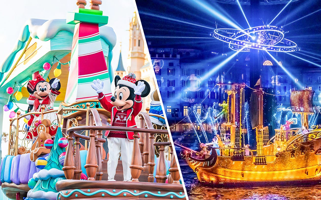 Tokyo Disneyland parade with Mickey and Minnie, and Tokyo DisneySea night show with illuminated ship.