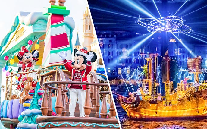 Tokyo Disneyland parade with Mickey and Minnie, and Tokyo DisneySea night show with illuminated ship.