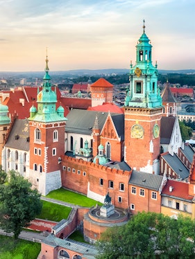 Wawel Castle towers and courtyard on Wawel Royal Hill in Krakow, Poland.