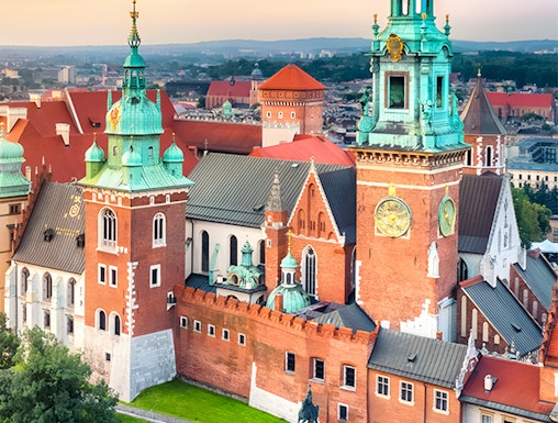 Wawel Castle towers and courtyard on Wawel Royal Hill in Krakow, Poland.