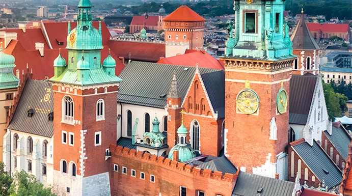 Wawel Castle towers and courtyard on Wawel Royal Hill in Krakow, Poland.
