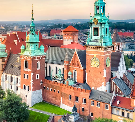 Wawel Castle towers and courtyard on Wawel Royal Hill in Krakow, Poland.