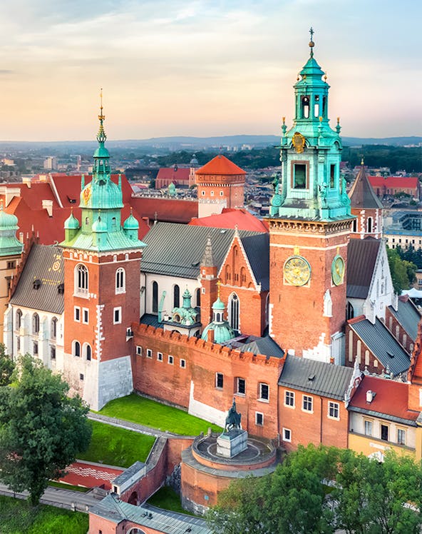 Wawel Castle towers and courtyard on Wawel Royal Hill in Krakow, Poland.