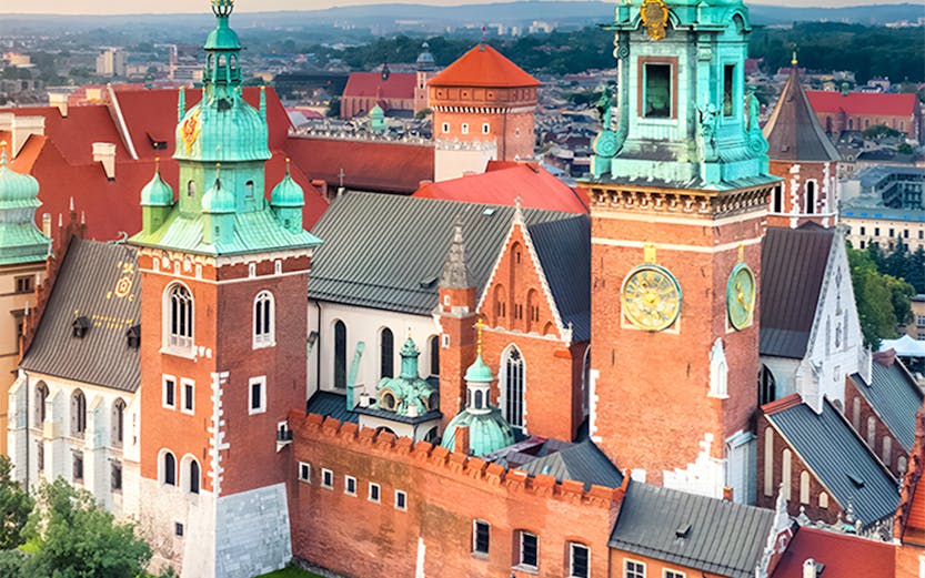 Wawel Castle towers and courtyard on Wawel Royal Hill in Krakow, Poland.