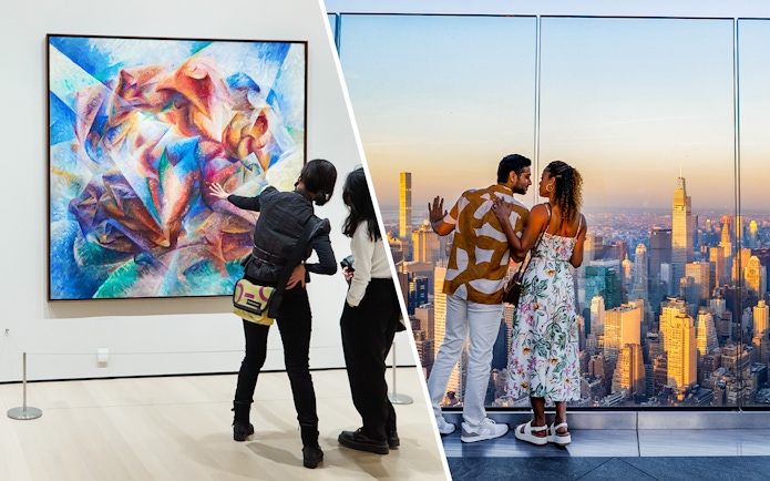 Visitors viewing abstract art at MoMA and enjoying the skyline from Edge Observation Deck, New York City.