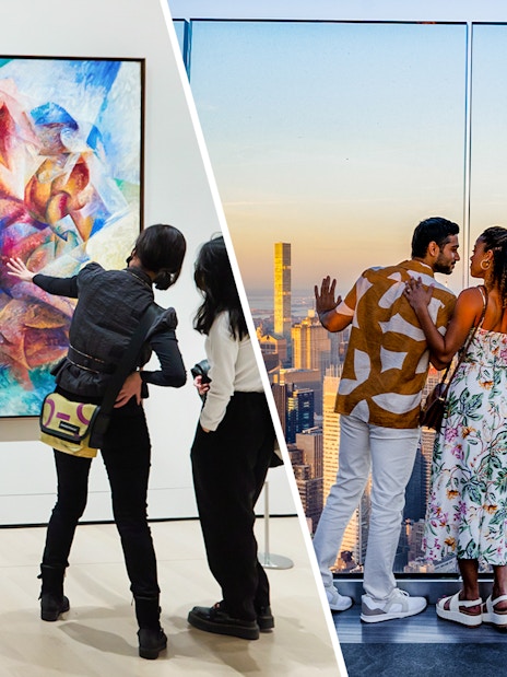 Visitors viewing abstract art at MoMA and enjoying the skyline from Edge Observation Deck, New York City.