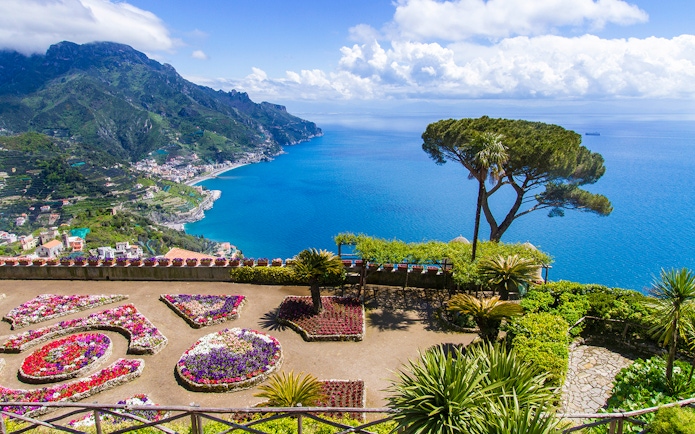 Coastal view from Ravello with gardens overlooking the Amalfi Coast, Italy.