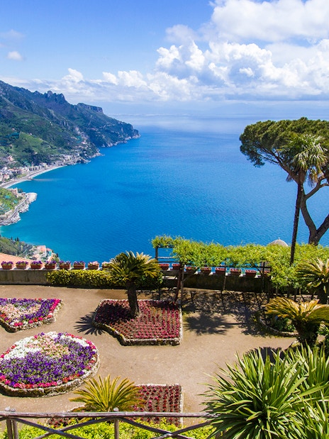 Coastal view from Ravello with gardens overlooking the Amalfi Coast, Italy.