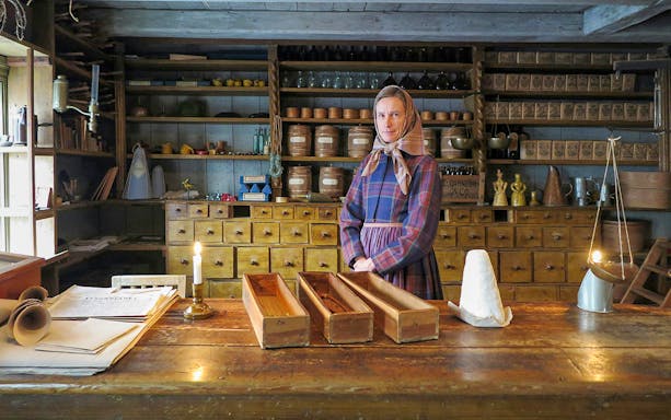 Shopkeeper in traditional attire at Skansen Open-Air Museum, Stockholm, behind a wooden counter with vintage items.