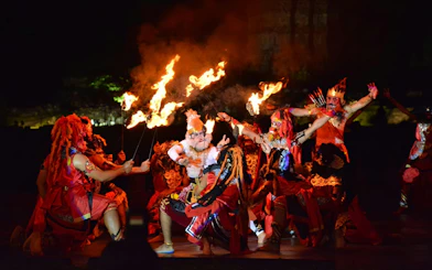 Traditional dance performance with fire at Prambanan Temple, Indonesia.