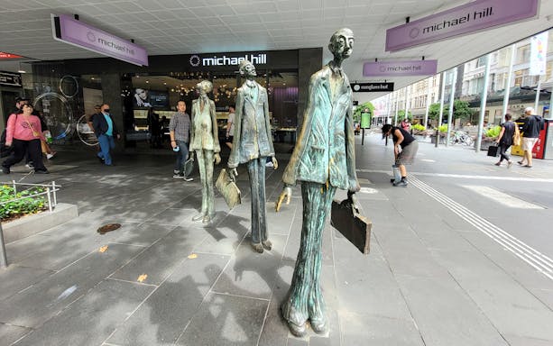 Three Businessmen Who Brought Their Own Lunch Sculpture in Melbourne on a on a Guided Walking Tour