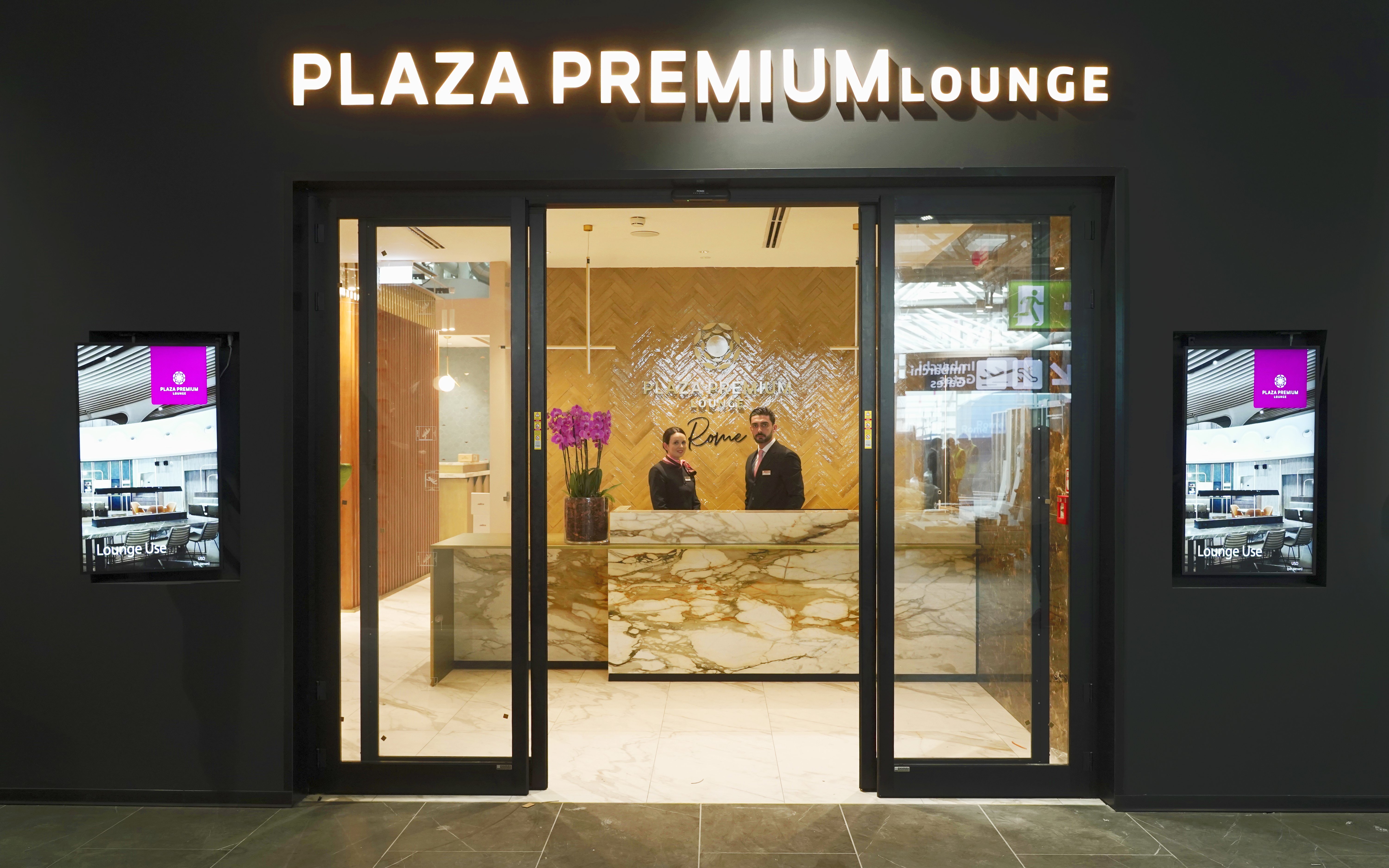 Reception area of Plaza Premium First Lounge, Rome Fiumicino Airport, Terminal 1.
