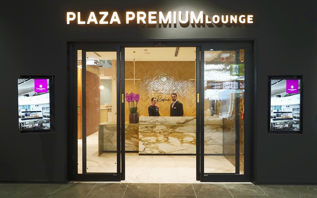 Reception area of Plaza Premium First Lounge, Rome Fiumicino Airport, Terminal 1.