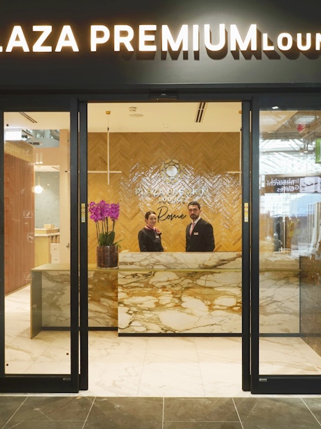 Reception area of Plaza Premium First Lounge, Rome Fiumicino Airport, Terminal 1.