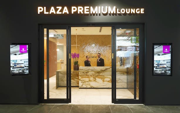 Reception area of Plaza Premium First Lounge, Rome Fiumicino Airport, Terminal 1.