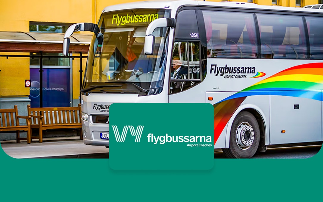 Flygbussarna airport coach at Stockholm Arlanda Airport terminal.