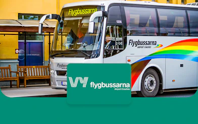 Flygbussarna airport coach at Stockholm Arlanda Airport terminal.