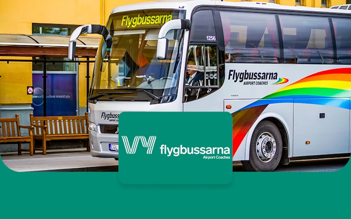 Flygbussarna airport coach at Stockholm Arlanda Airport terminal.