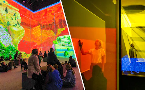 Visitors engaging with immersive David Hockney art at Frameless London exhibit.