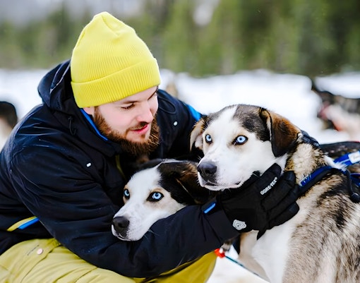 Man with huskies at Santa Claus Village, Finland.