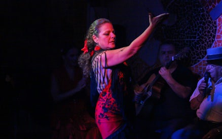 Flamenco dancer performing with musicians during El Toro y la Luna show.