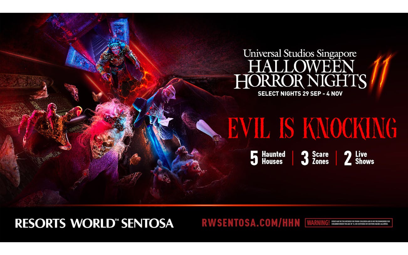 Universal Studios Singapore Halloween Horror Nights poster with monsters and event details.