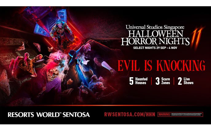 Universal Studios Singapore Halloween Horror Nights poster with monsters and event details.