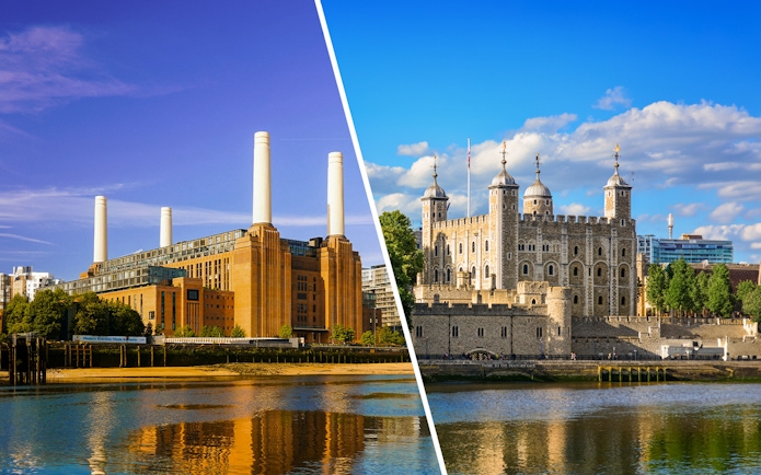 Battersea Power Station and Tower of London with river reflections under a clear sky.