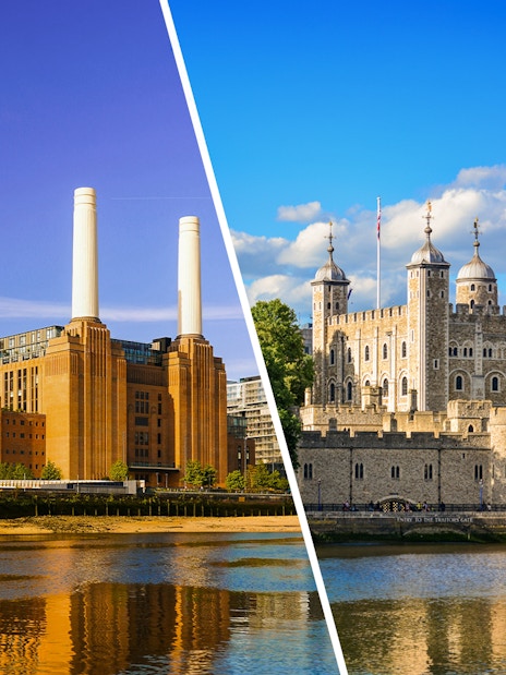 Battersea Power Station and Tower of London with river reflections under a clear sky.