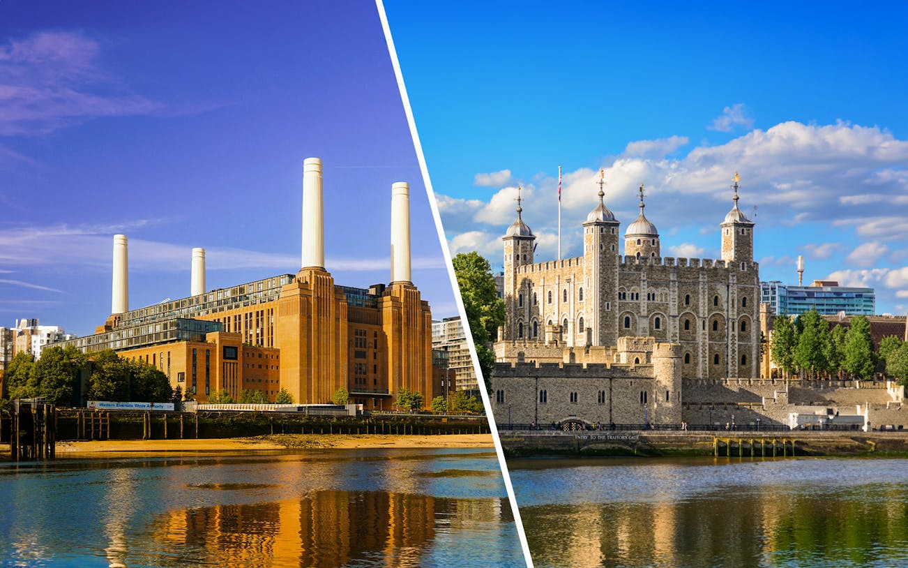 Battersea Power Station and Tower of London with river reflections under a clear sky.