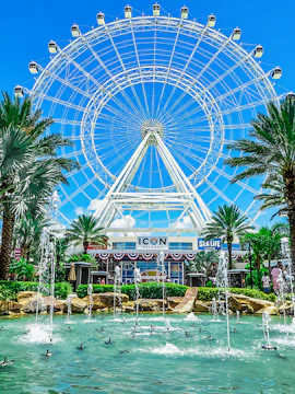 Orlando Ferris wheel with fountains at ICON Park.