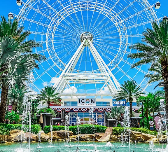Orlando Ferris wheel with fountains at ICON Park.