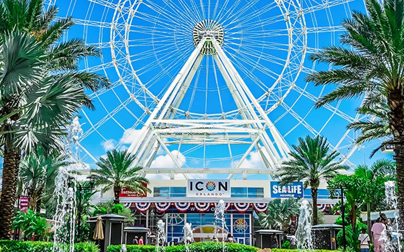Orlando Ferris wheel with fountains at ICON Park.