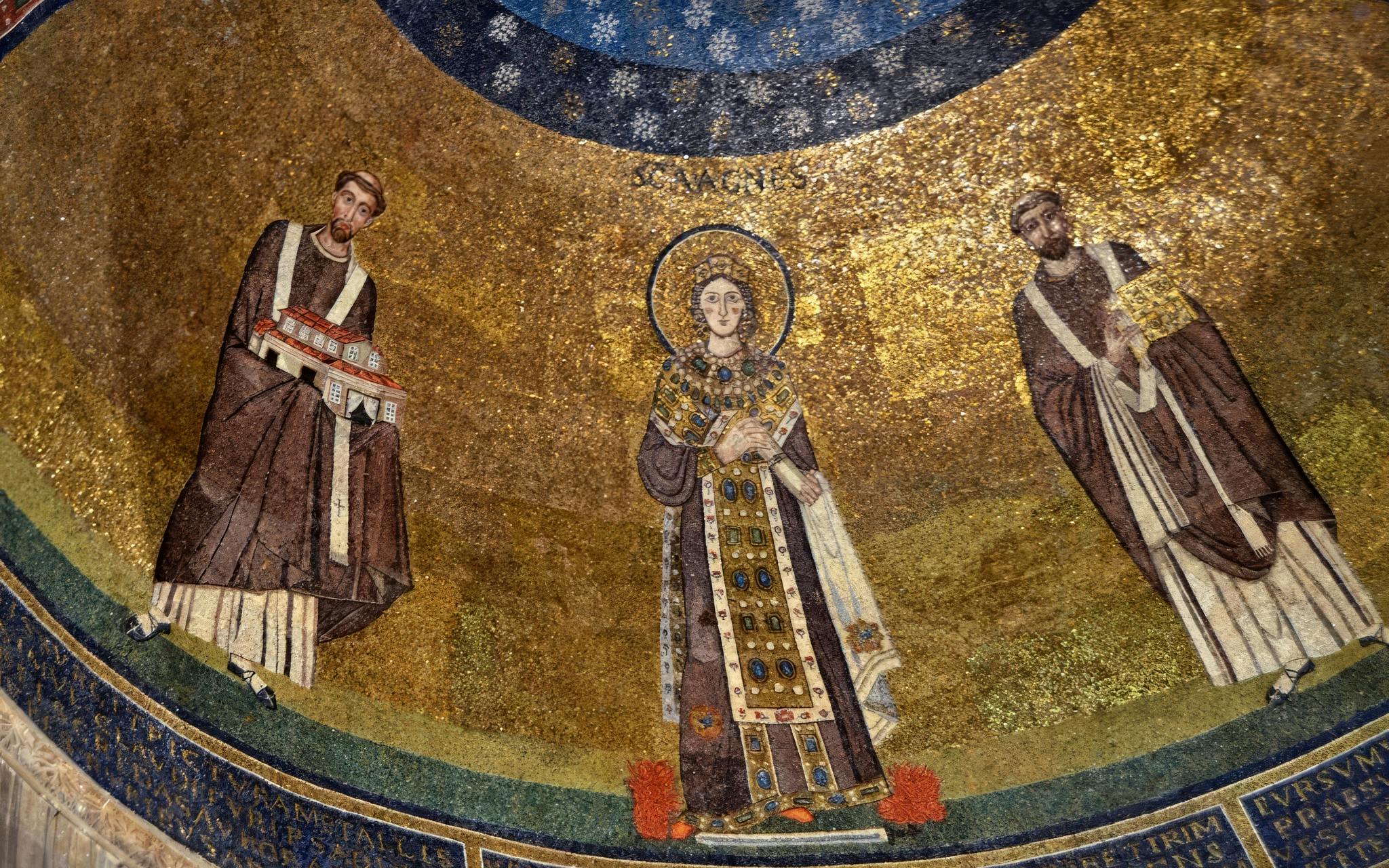 Mosaic of Saint Agnes and figures in the dome of the Basilica, Catacombs of Saint Agnes, Rome.