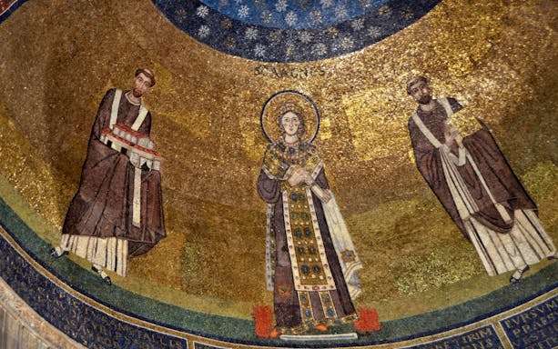 Mosaic of Saint Agnes and figures in the dome of the Basilica, Catacombs of Saint Agnes, Rome.
