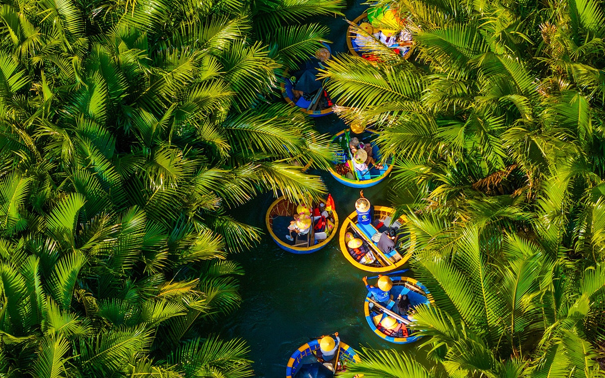 Aerial view of tourists in round basket boats navigating through lush coconut palms.