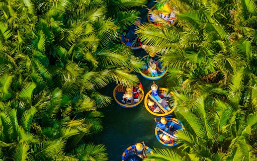 Aerial view of tourists in round basket boats navigating through lush coconut palms.