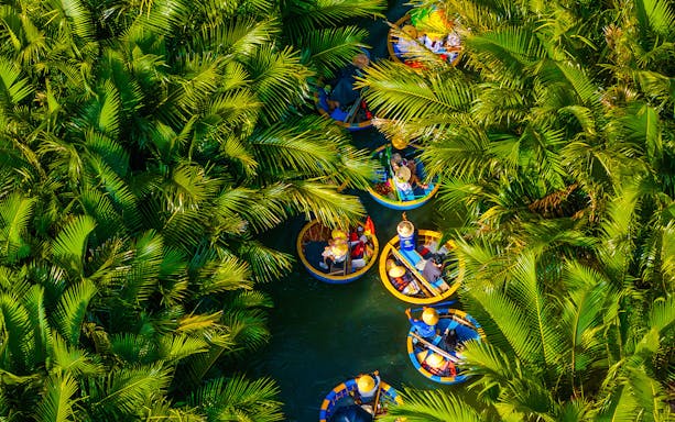 Aerial view of tourists in round basket boats navigating through lush coconut palms.