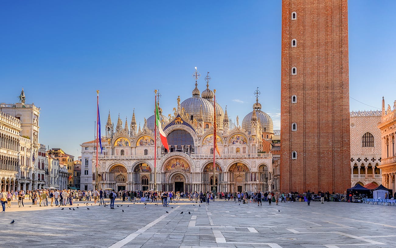 St. Mark's Basilica and Campanile in Venice's Piazza San Marco, Italy.