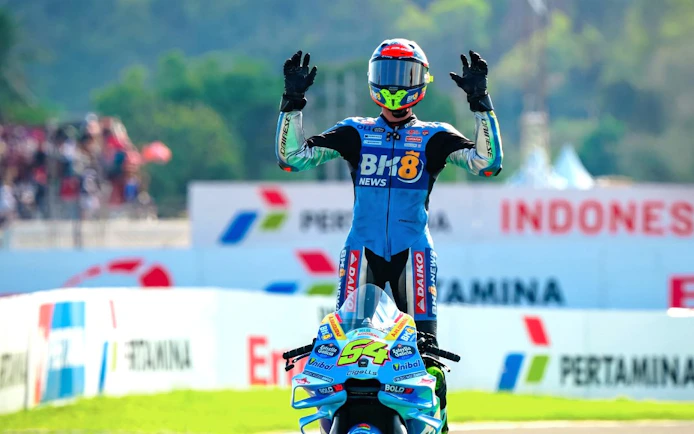 Motorcyclist celebrating at MotoGP Mandalika Pertamina Grand Prix of Indonesia 2026.