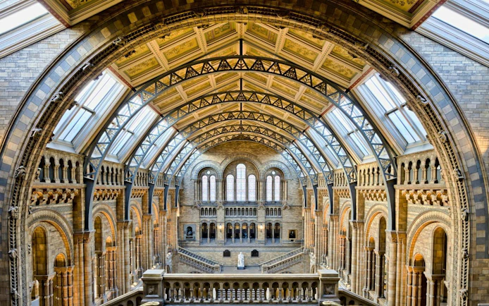 Interior of the Natural History Museum in London with arched ceiling and stone architecture.