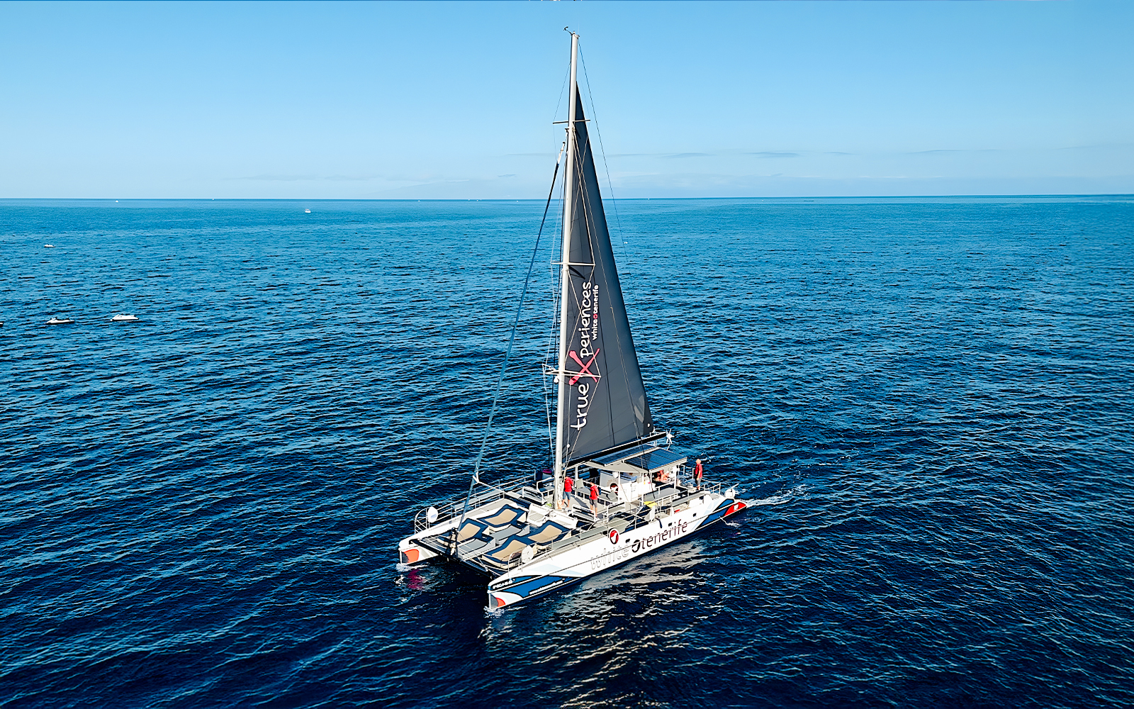 Catamaran sailing on open ocean for whale and dolphin watching cruise.