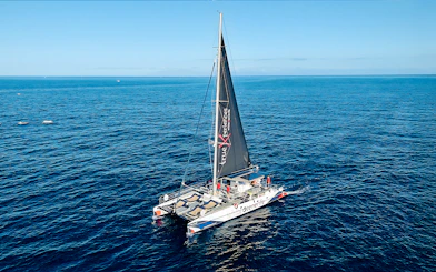 Catamaran sailing on open ocean for whale and dolphin watching cruise.