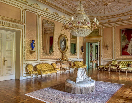 Liria Palace interior with guided tour group in Madrid, Spain.