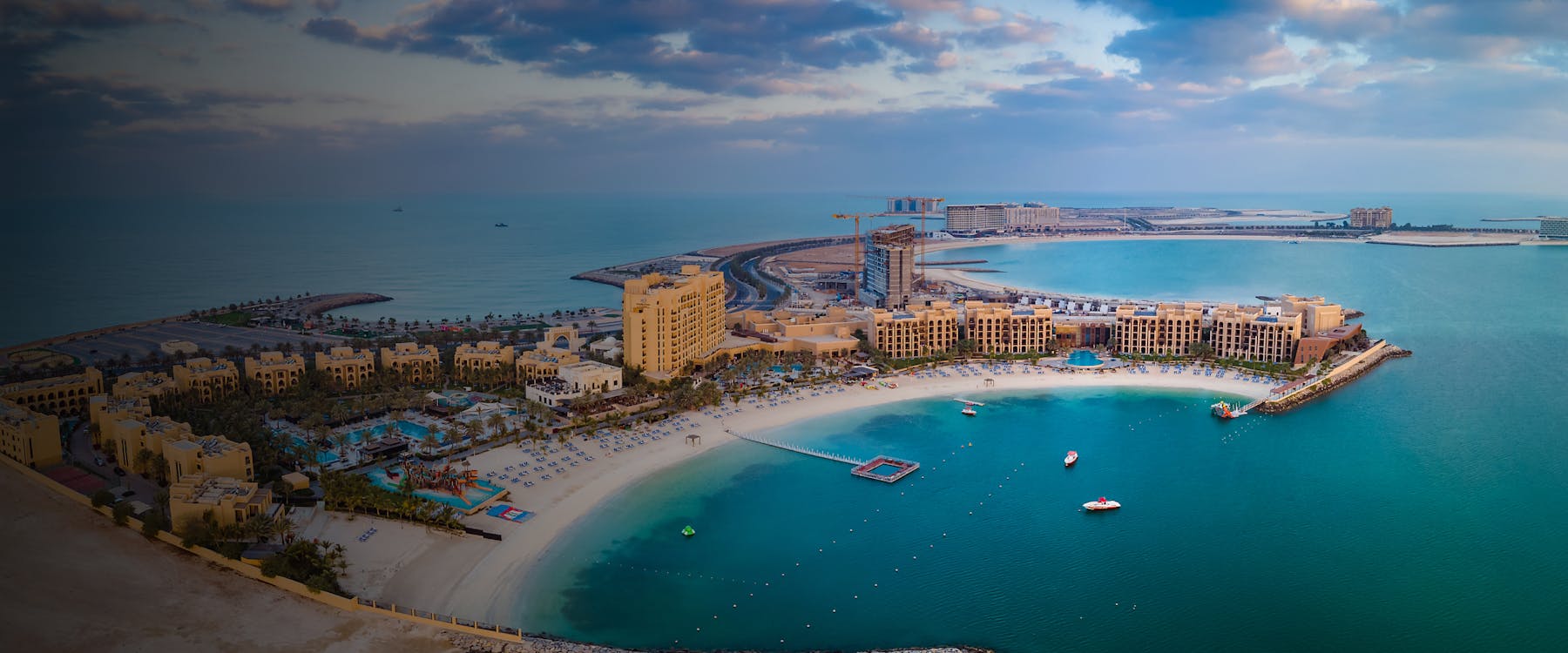 Aerial view of Al Marjan Island beach and resort in Ras Al Khaimah, United Arab Emirates.