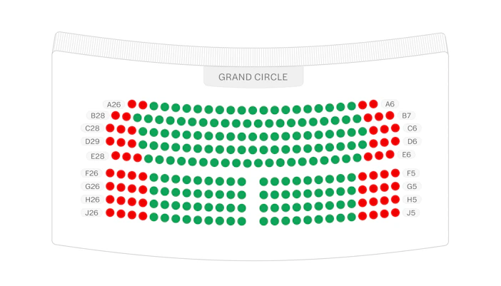 Seating chart of the Grand Circle at Gielgud Theatre showing available and booked seats.